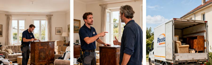 Évaluation de meubles anciens, discussion avec un client et camion de débarras chargé dans un salon désencombré.