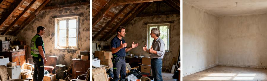 Débarras professionnel dans les Deux-Sèvres avec des scènes de gestion de succession et déménagement.