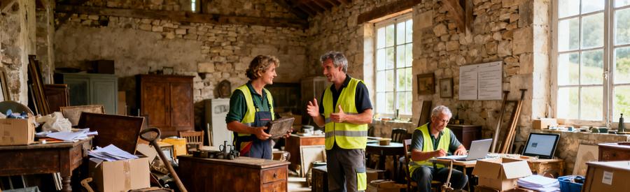 Débarras professionnel d'une grange des Deux-Sèvres avec des spécialistes triant des objets anciens.