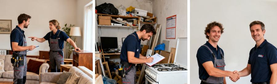 Deux professionnels évaluent des objets dans un salon avant de procéder à un débarras satisfaisant.