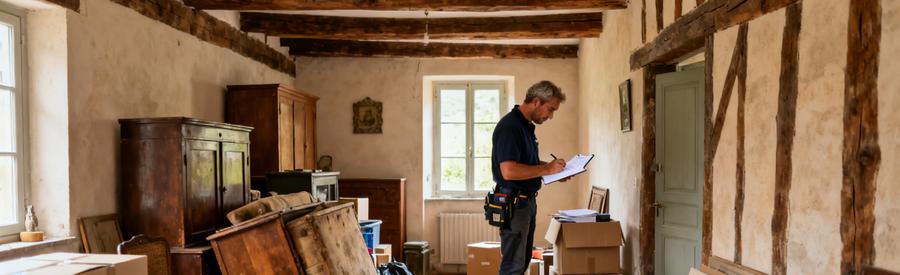 Professionnel du débarras dans une maison des Deux-Sèvres évaluant des meubles et objets encombrants.