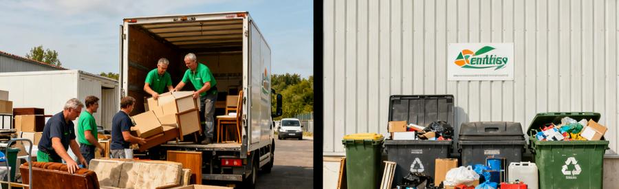 Professionnels du débarras chargent des meubles dans un camion, devant une déchetterie triant des objets pour le recyclage.