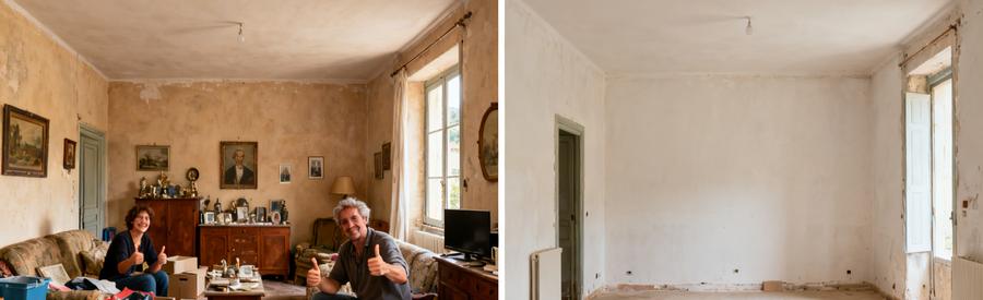 Avant/après d'un salon dans les Alpes-de-Haute-Provence : encombrement à vide, soulagement des héritiers après un débarras.