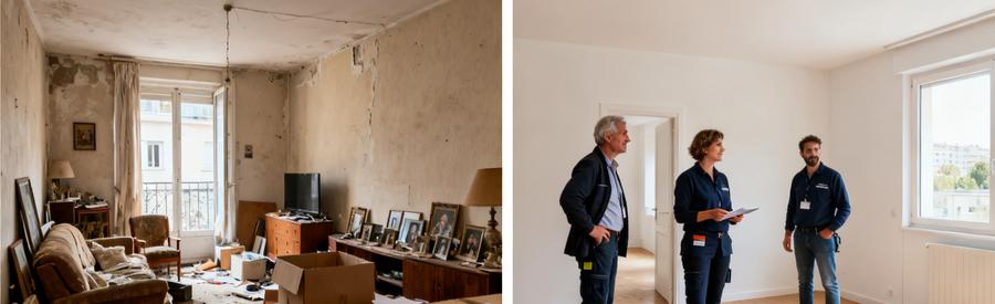 Comparaison de deux situations de débarras d'appartement, l'une en désordre après un décès, l'autre vide et propre avant restitution.