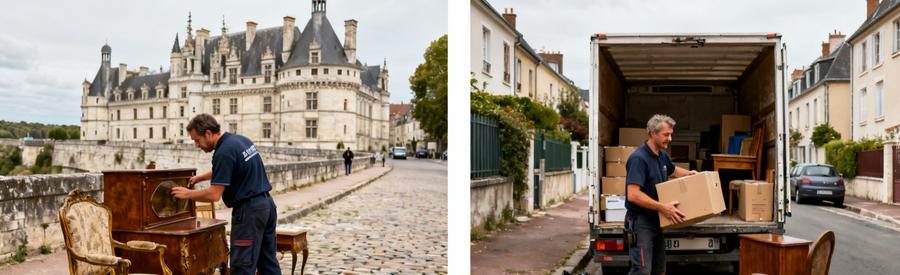 Un professionnel du débarras évaluant des meubles près d'un château à Blois et chargeant des cartons dans une camionnette.