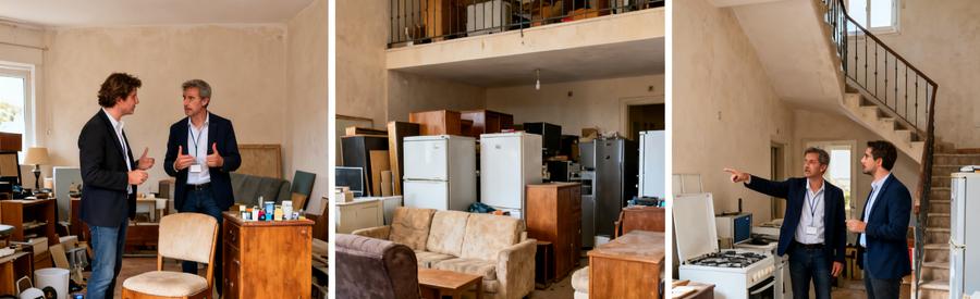 Professionnels du débarras évaluant un studio et une maison à plusieurs niveaux à Canet-en-Roussillon.