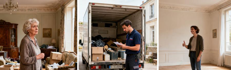 Deux situations de débarras à Cherbourg-en-Cotentin : salon encombré et propre, montrant l'assistance professionnelle.