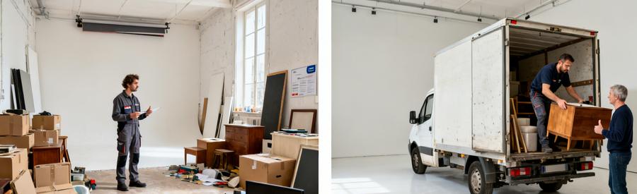 Un studio encombré à gauche et le même studio vidé et propre à droite, avec un débarras professionnel en action.