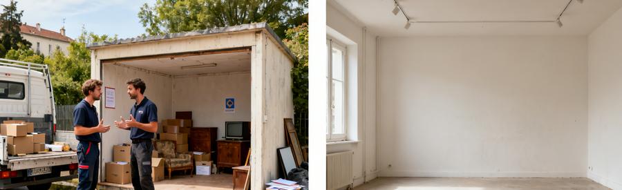 Comparaison de deux situations de débarras à Hérouville-Saint-Clair : avant avec encombrement et après avec un espace vide.