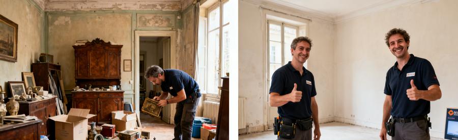 Avant et après d'un débarras dans une maison ancienne à Marseille 8ème, montrant un professionnel en action.