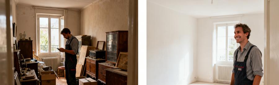 Visuel illustrant les deux situations courantes de débarras à Massy, avant et après l'intervention.