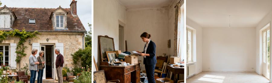 Héritiers examinant des objets devant une maison à Pau, débarrasseur évaluant une pièce, maison après le débarras.