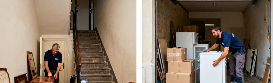 Comparaison de deux situations de débarras à Roubaix : appartement en étage et rez-de-chaussée accessible.