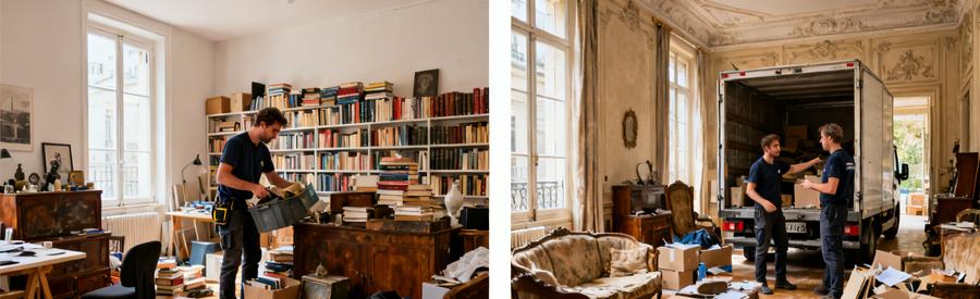 Professionnels du débarras en action dans un studio étudiant et dans un salon de maison bourgeoise à Sèvres.