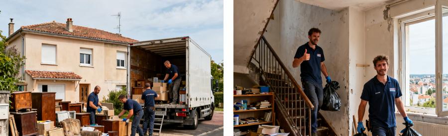 Professionnels du débarras devant une maison et un appartement à Tournefeuille, montrant le processus de désencombrement.