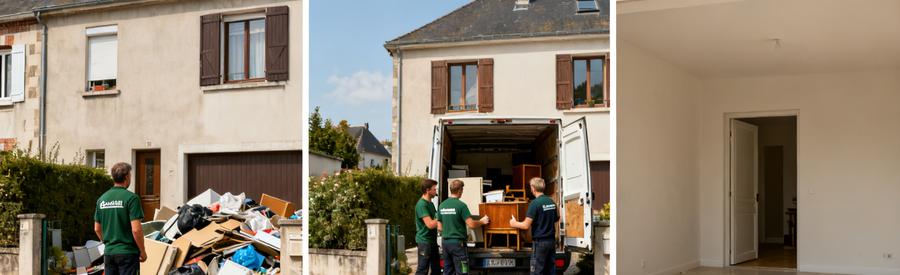 Professionnels en débarras dans une maison de Liévin, montrant avant et après le processus de nettoyage.