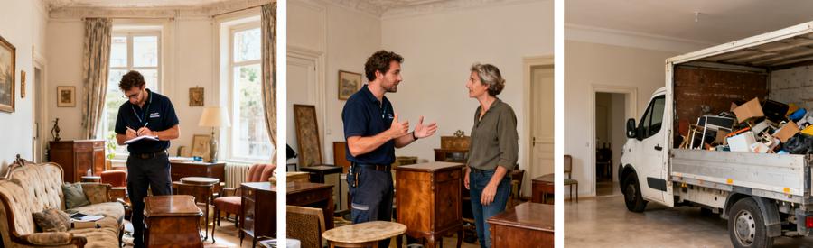 Professionnel évaluant des meubles au salon et discutant du débarras à Pessac. Camionnette prête avec objets récupérés.
