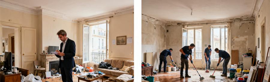 Professionnel visitant un salon encombré à Marseille 6ème, suivi de l'évacuation et nettoyage.