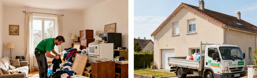 Un professionnel du débarras triant des objets dans un salon avant un camion de débarras vide et propre à Belfort.