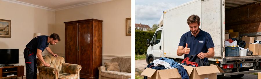 Deux scènes montrant des professionnels inspectant des meubles et des cartons de vêtements à Charleville-Mézières.