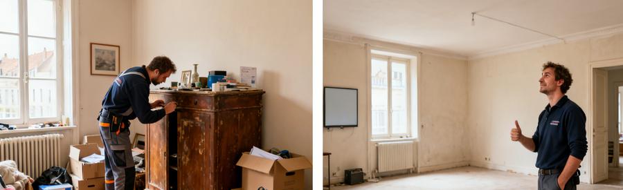 Professionnel evaluant et débarrassant un appartement avant et après le débarras à Montivilliers.