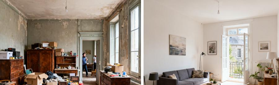 Transformation d'un appartement à Morlaix, avant et après le débarras, montrant le changement et l'espace retrouvé.