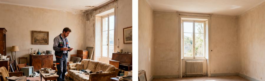 Professionnel inspectant un salon encombré à Agen avant et après le débarras complet, présentant un espace vide et lumineux.