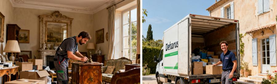 Deux types de débarras à Aix-en-Provence, un professionnel inspecte et un autre charge un camion.