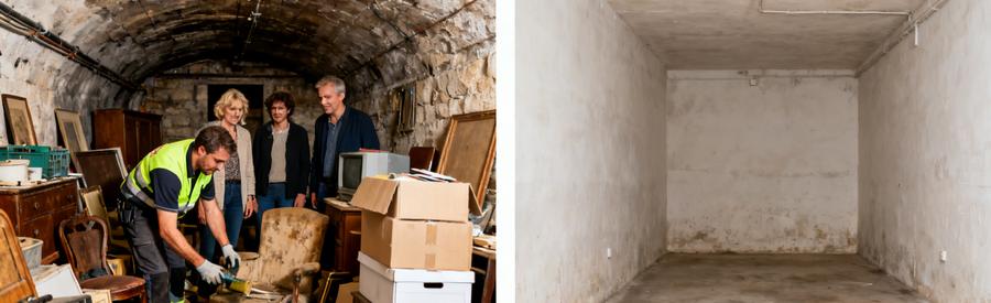 Débarras professionnel dans une cave encombrée, montrant le tri d'objets et l'efficacité du service après un vidage complet.