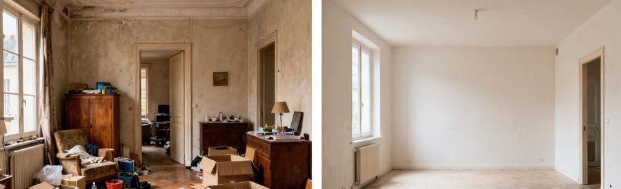 Avant et après un débarras à Liévin, montrant un appartement encombré puis vide, symbole d'un service de débarras efficace.