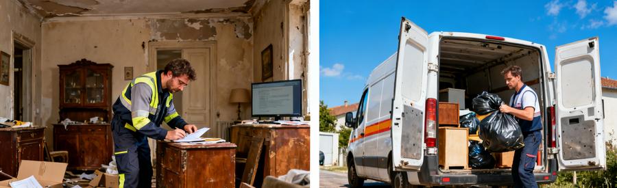 Débarras à Rodez : un professionnel évalue des objets dans une maison et un autre charge un camion.