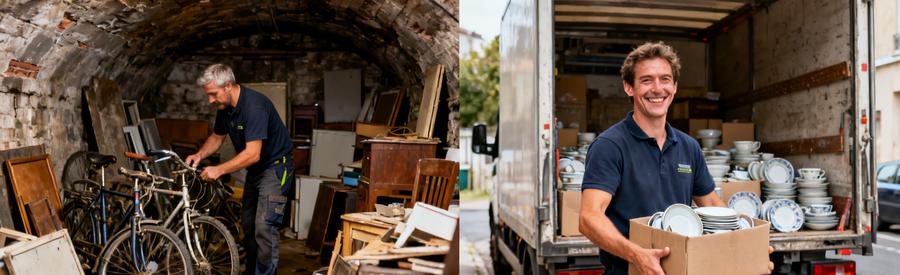 Professionnels du débarras à Roubaix triant des objets dans une cave et chargeant un camion.