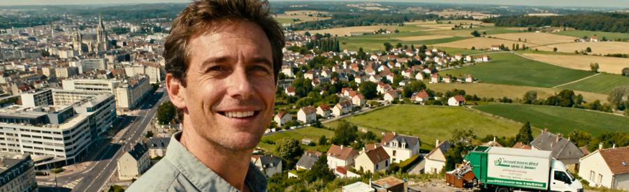 Vue aérienne du Cher, montrant l'alternance entre zones urbaines et rurales, avec une camionnette de débarras.