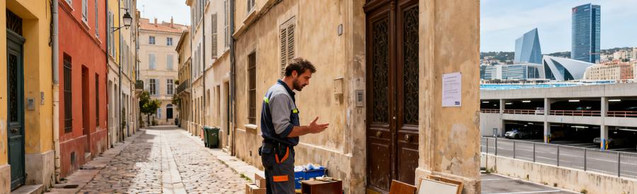 Scène de débarras au Panier avec immeubles anciens et vue moderne d'Euroméditerranée.