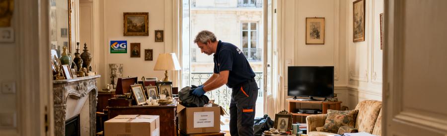 Professionnel du débarras dans un appartement marseillais, triant des vieux meubles et objets personnels avec soin.