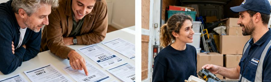 Deux personnes comparant des devis de débarras et discutant avec un professionnel, montrant engagement et attention.