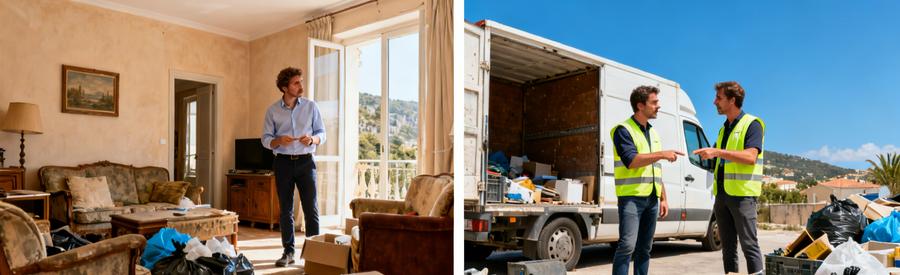 Professionnels inspectant des encombrants dans un salon à Ajaccio et discutant autour d'une camionnette.