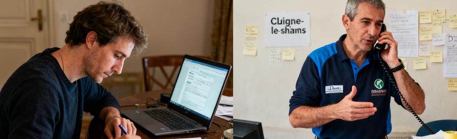 Particulier remplissant un formulaire et professionnel du débarras en discussion téléphonique dans leur environnement respectif.