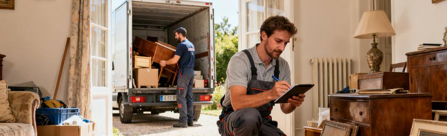 Professionnel du débarras inspectant des objets dans une maison à Saint-Louis, camionnette en arrière-plan.