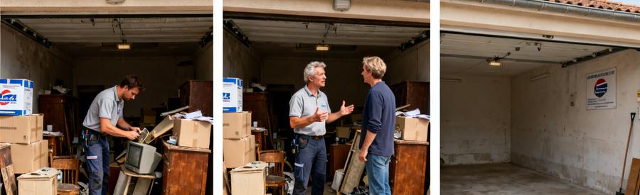 Professionnel du débarras inspecte un garage, discute avec le client et montre le résultat final d'un espace vidé à Brunoy.