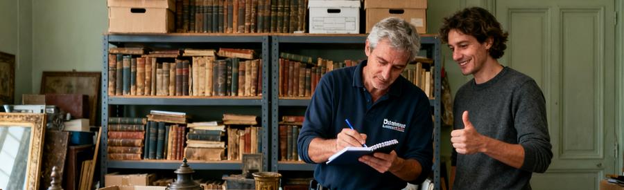 Des professionnels évaluent ensemble des objets dans un salon encombré à Lanester.