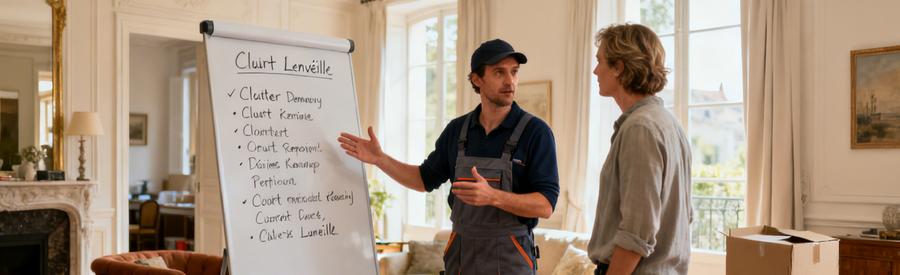 Un professionnel du débarras discute des options avec un client dans un salon lumineux, avec des cartons à l'arrière-plan.