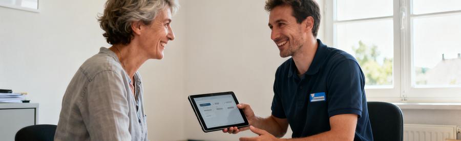 Client et débarrasseur discutant d'une demande de débarras dans un bureau.