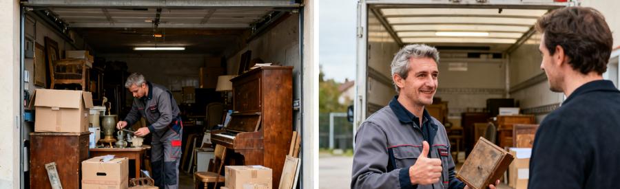 Comparaison de deux scènes de débarras avec un professionnel évaluant et consultant un client sur site.