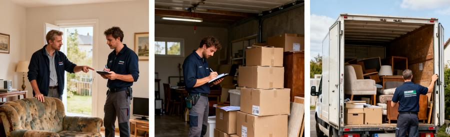 Professionnels discutant de débarras à La Ciotat, tri d'objets et camionnette chargée.