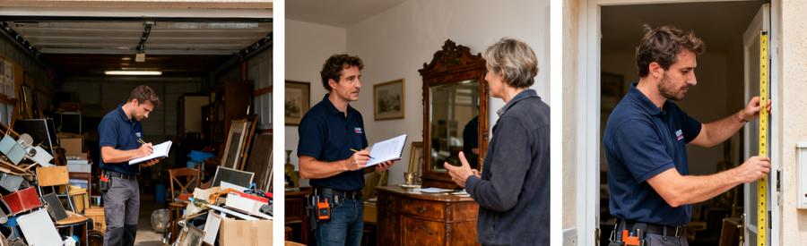 Professionnel du débarras évaluant des objets avec un client dans un garage, montrant l'importance de la visite préalable.