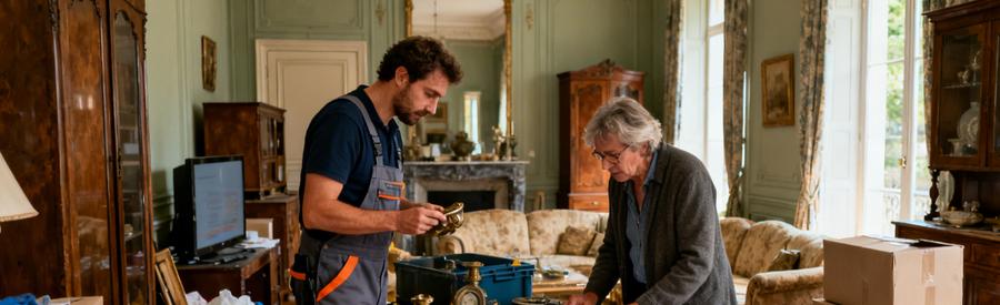 Professionnel du débarras à Alençon examinant des objets avec un client, atmosphère de confiance.