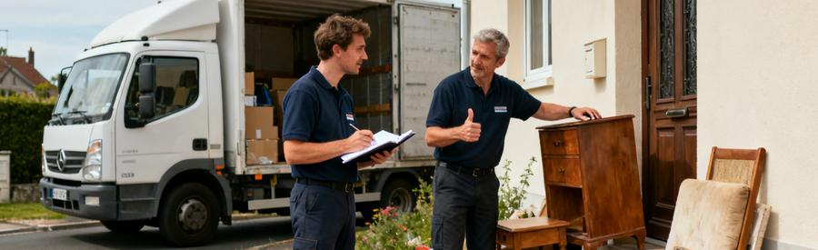 Deux débarrasseurs discutent devant une maison à Valenciennes, préparant le débarras.