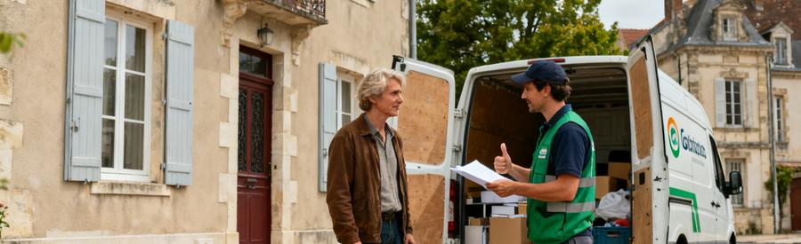 Une personne discute avec un professionnel du débarras devant une maison à Vienne, camionnette visible, ambiance urbaine.