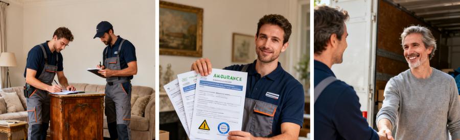 Professionnels du débarras discutent des services et montrent des documents à un client à Saintes.